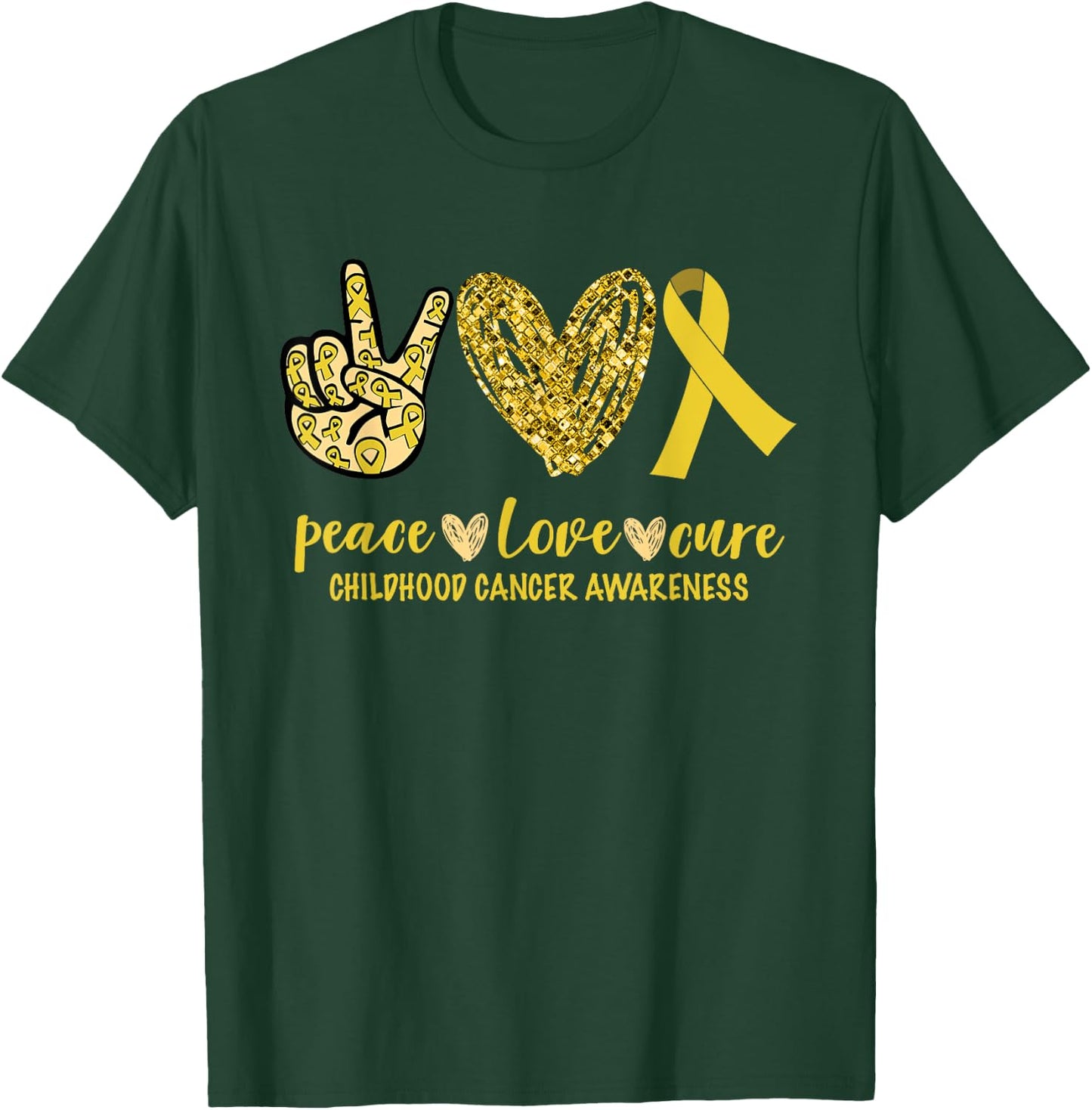 Peace Love Cure Ribbon Childhood Cancer Awareness T-Shirt - T-Shirt | Forest