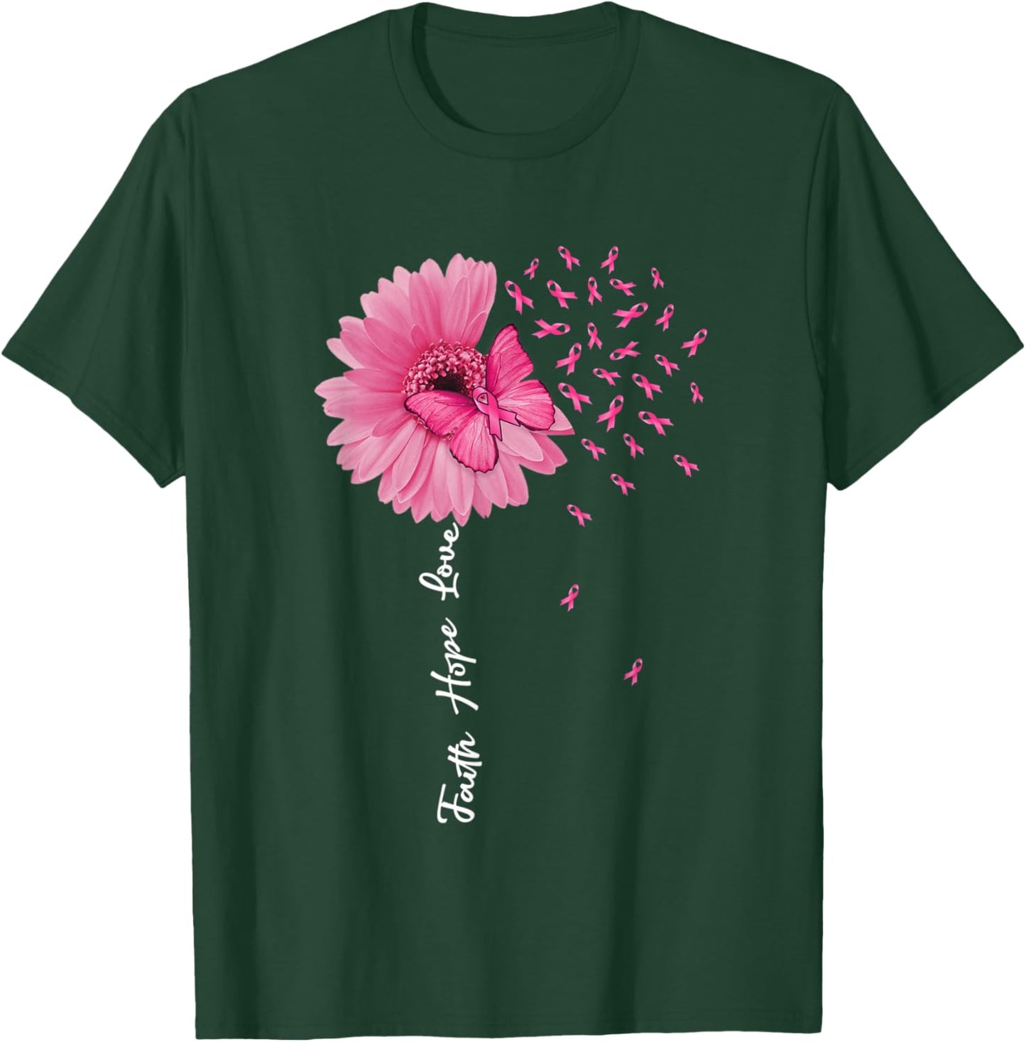 Faith Hope Love Pink Ribbon Daisy Flower Butterfly T-Shirt - T-Shirt | Forest