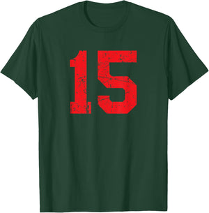 Number #15 Distressed Sport Red Number T-Shirt - T-Shirt | Forest