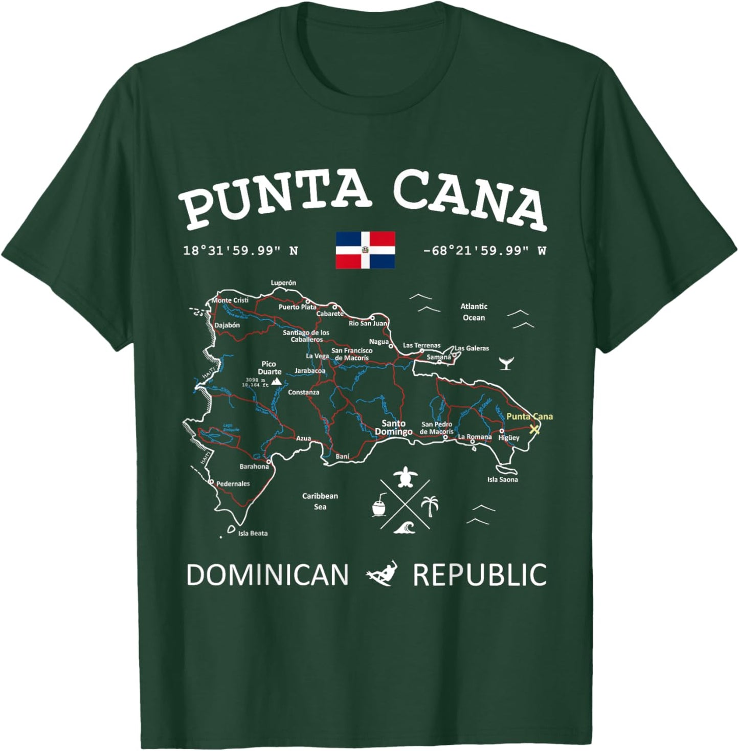 Punta Cana Dominican Republic Map Flag Travel Coordinates T-Shirt - T-Shirt | Forest