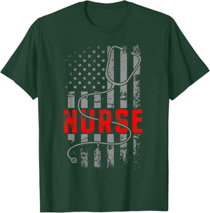 4th Of July USA Flag Patriotic Nurse Week Nurse Stethoscope Women Kids Men T-Shirt - T-Shirt | Forest