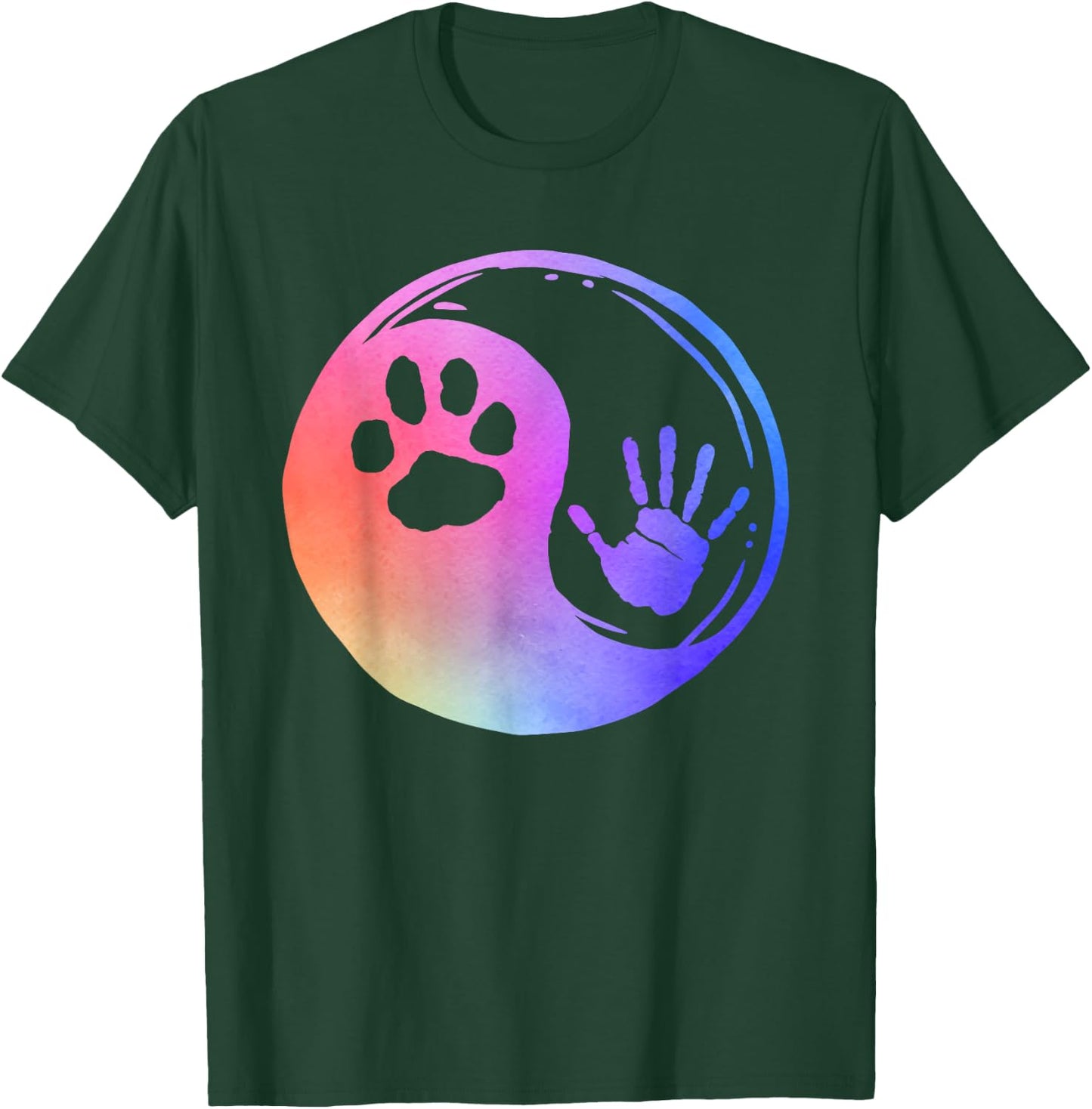 Dog Cat Paw Print Hand Yin Yang Rainbow Pawprint Hand Print T-Shirt - T-Shirt | Forest