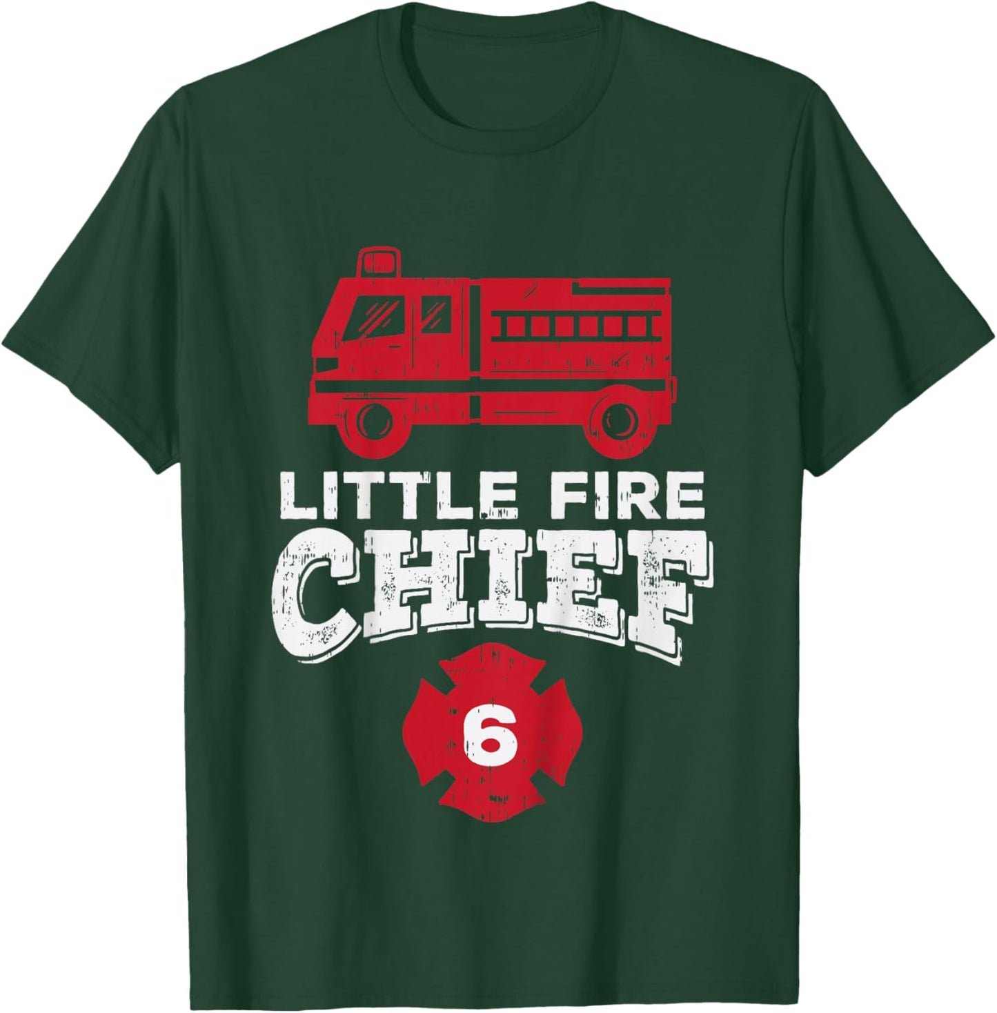 Kids Little Fire Chief 6 Truck 6th Birthday Firefighter Boys Gift T-Shirt - T-Shirt | Forest