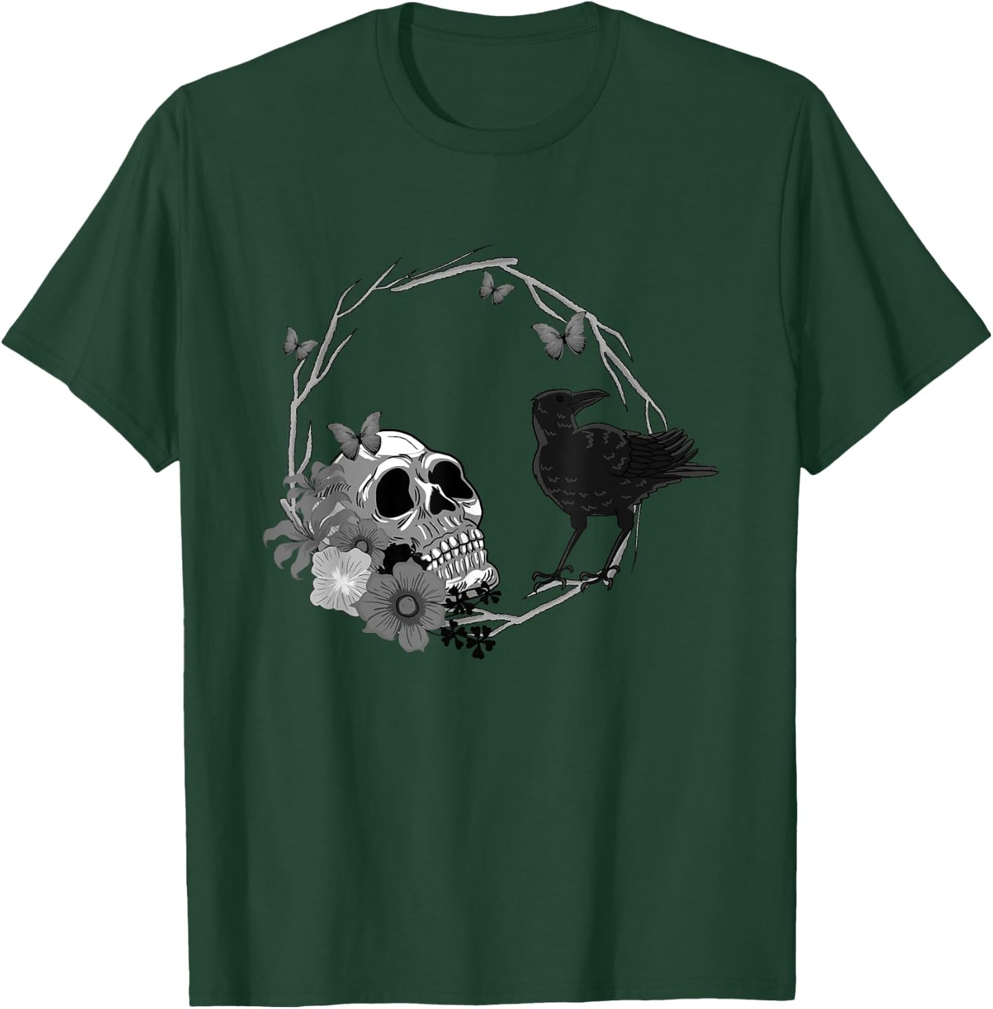 Floral Skull Death Crow Cool Scary Halloween Gothic Theme T-Shirt - T-Shirt | Forest