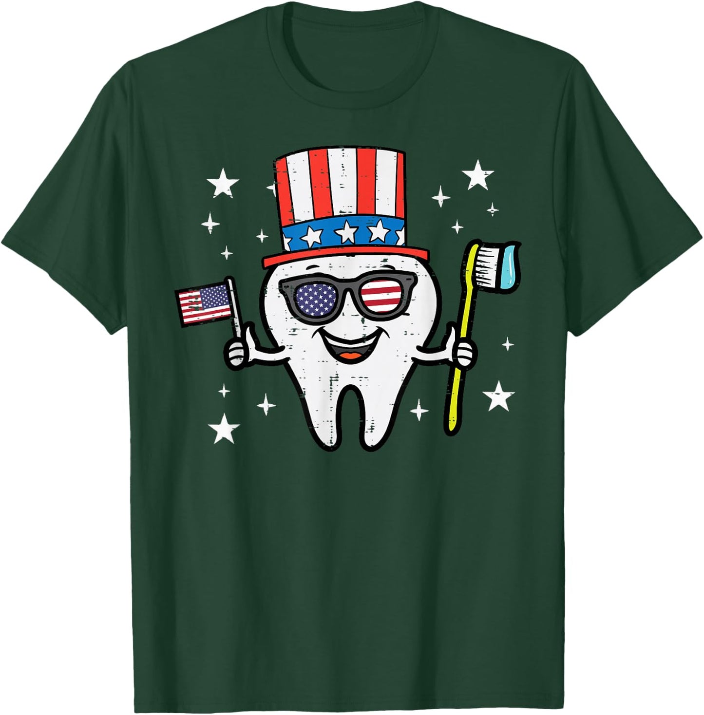 4th Of July Dentist Tooth Dental Patriotic Women Men Kids T-Shirt - T-Shirt | Forest