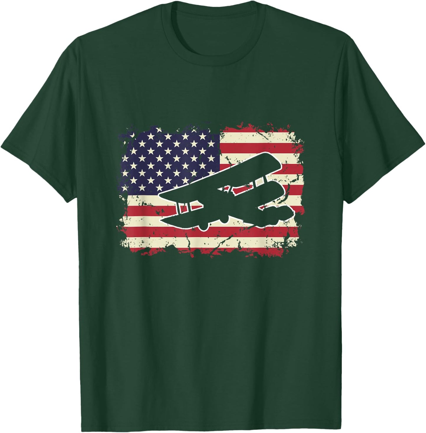 Biplane US Flag Patriotic American Aircraft Airplane Pilot T-Shirt - T-Shirt | Forest