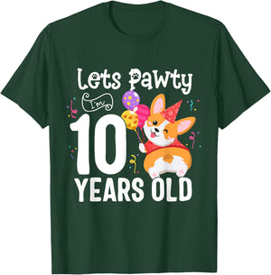Lets Pawty I'm 10 Year Old Corgi Dog Lover 10th Birthday Kid T-Shirt - T-Shirt | Forest