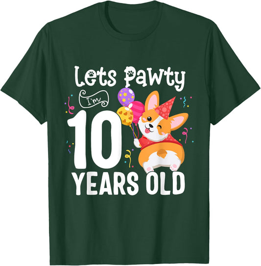 Lets Pawty I'm 10 Year Old Corgi Dog Lover 10th Birthday Kid T-Shirt - T-Shirt | Forest