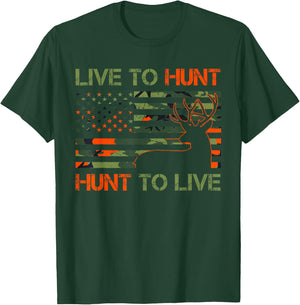 Live to Hunt Whitetail Buck Camo American Flag Deer Hunting T-Shirt - T-Shirt | Forest