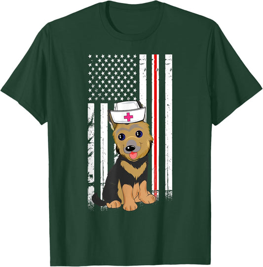 German Shepherd Dog Nurse American Flag Thin Red Line T-Shirt - T-Shirt | Forest