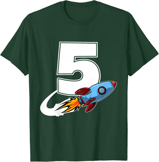 Outer Space 5 Year Old 5th Birthday Five Rocket Ship Party T-Shirt - T-Shirt | Forest