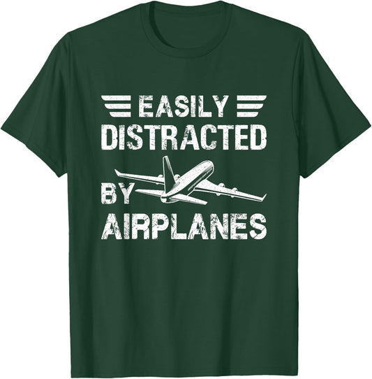 Easily Distracted By Airplanes Shirt Funny Pilot Flying Gift T-Shirt - T-Shirt | Forest