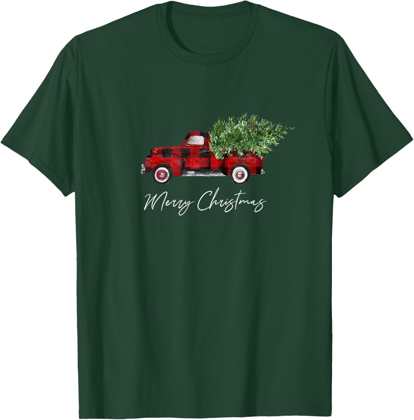 Merry Christmas Tree on Buffalo Plaid Truck T-Shirt - T-Shirt | Forest