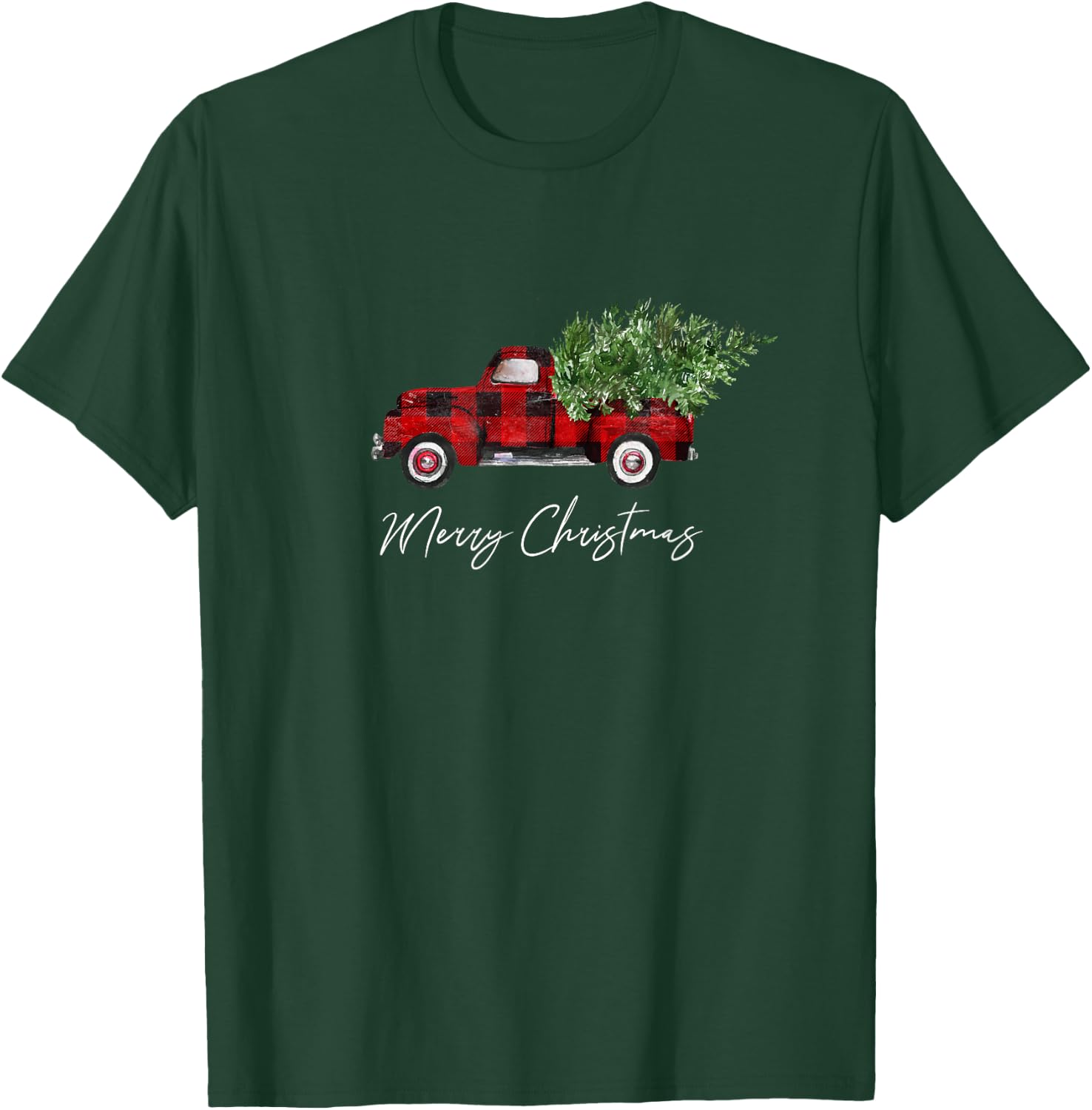 Merry Christmas Tree on Buffalo Plaid Truck T-Shirt - T-Shirt | Forest