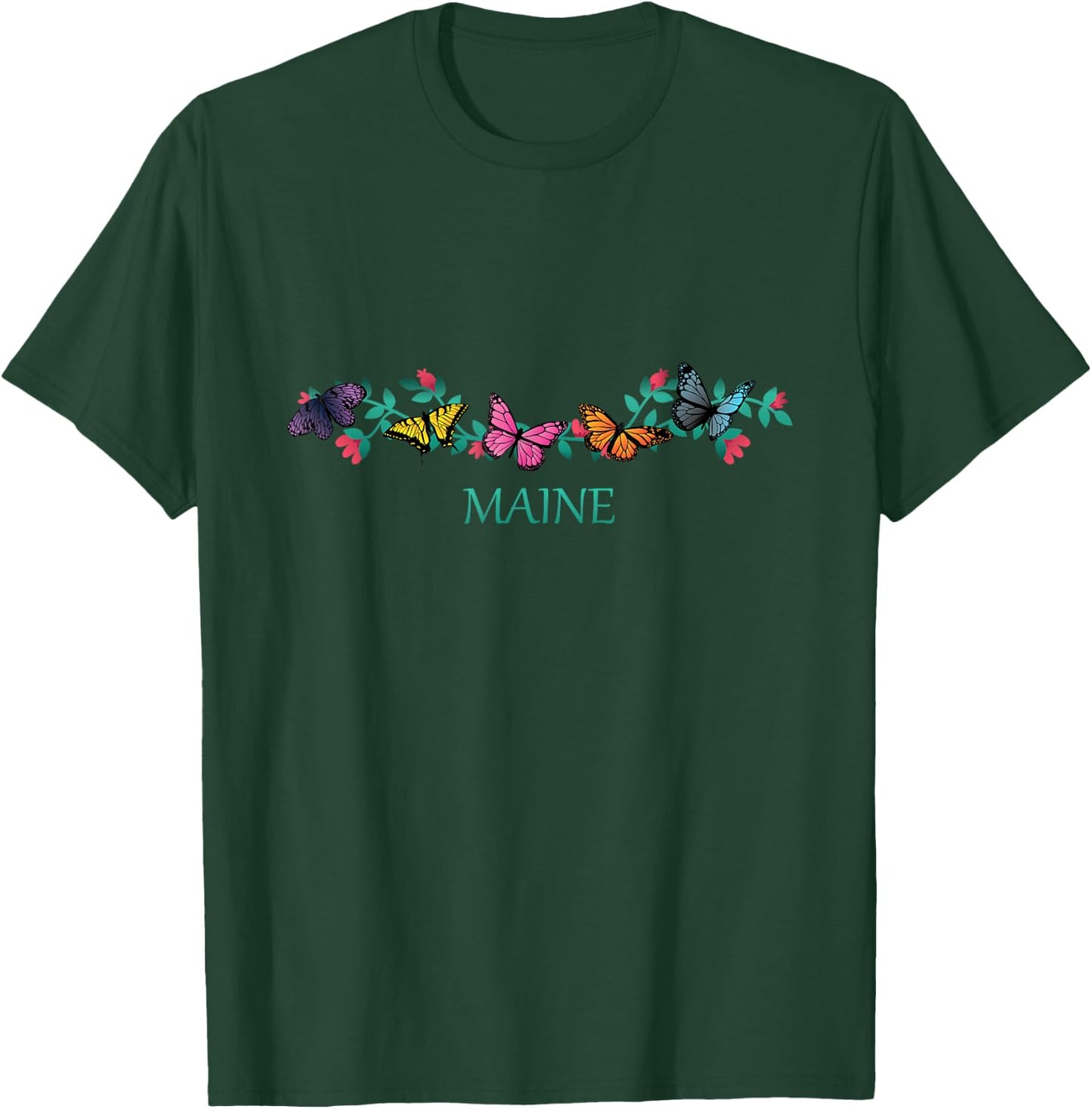 Maine State Souvenir Butterfly Flower Graphic T-Shirt - T-Shirt | Forest