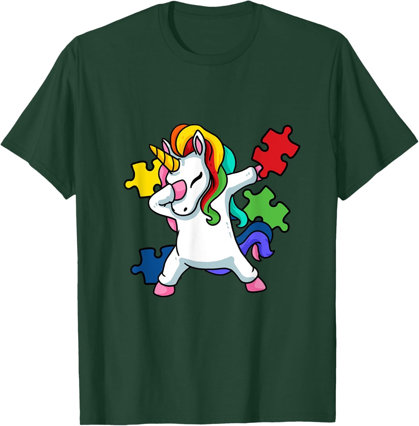Dabbing Unicorn Puzzle Kids Autism Awareness Month T-Shirt - T-Shirt | Forest