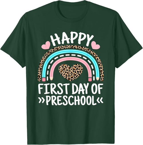 Happy First Day Of Preschool Leopard Rainbow Teacher Student Men Women Kids