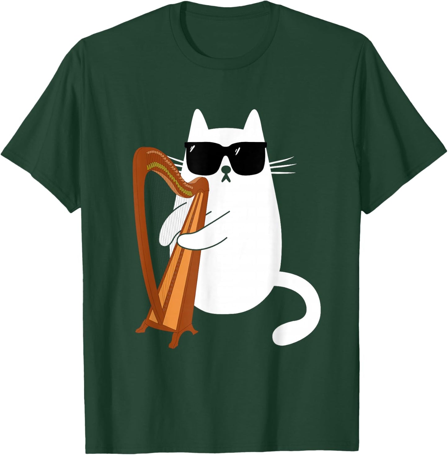 Funny Cat Wearing Sunglasses Playing Harp Harpist Musician T-Shirt - T-Shirt | Forest