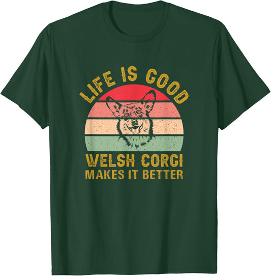 Life With Corgi Is Good Makes It Better Vintage Retro Sunset T-Shirt - T-Shirt | Forest
