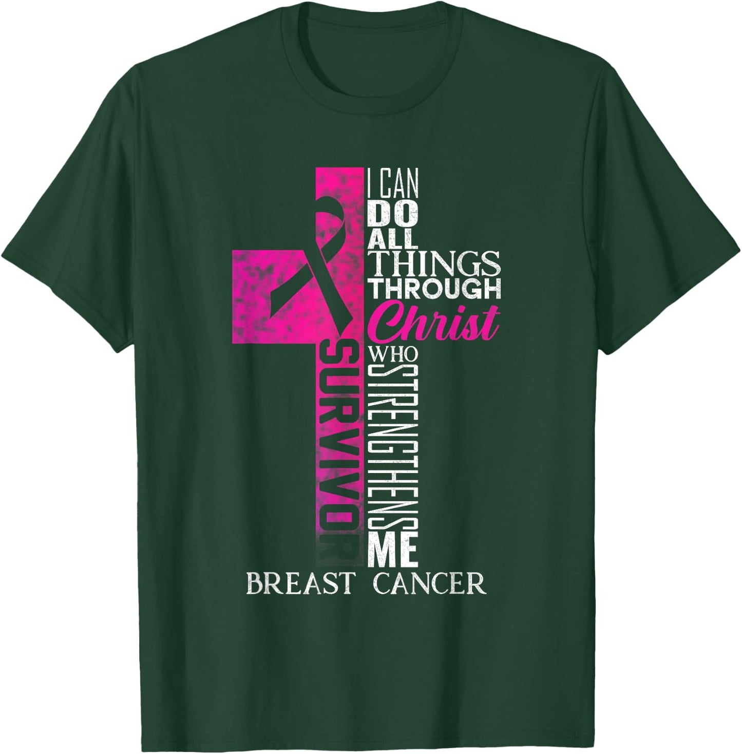 Pink Ribbon Breast Cancer Survivor Christian Cross T-Shirt - T-Shirt | Forest
