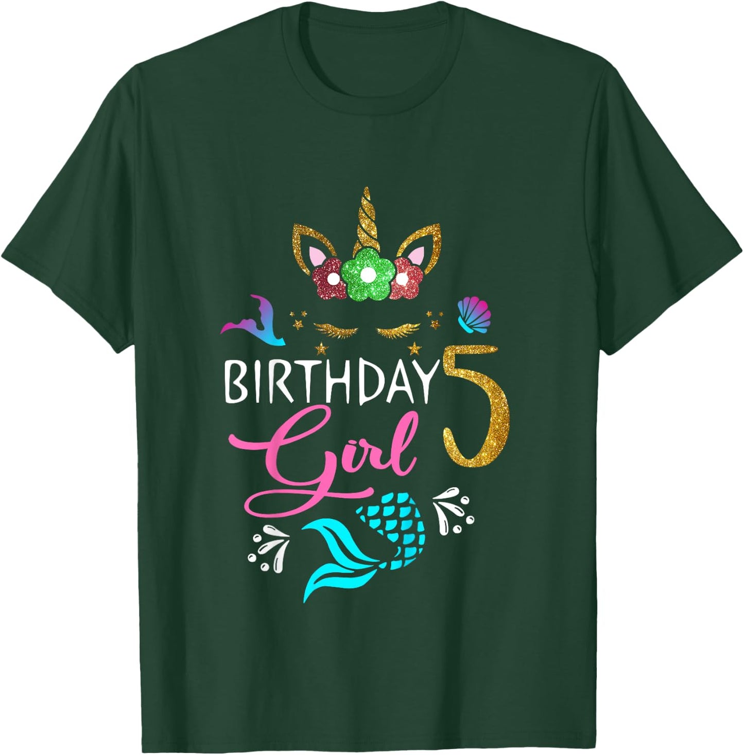 5 Years Old Unicorn Shirt Mermaid Tail 5th Birthday Girl T-Shirt - T-Shirt | Forest