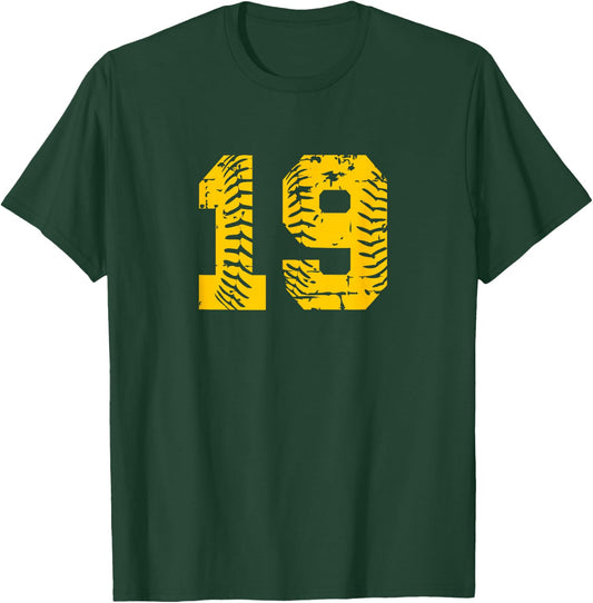 Baseball Softball Number #19 Yellow Number T-Shirt - T-Shirt | Forest