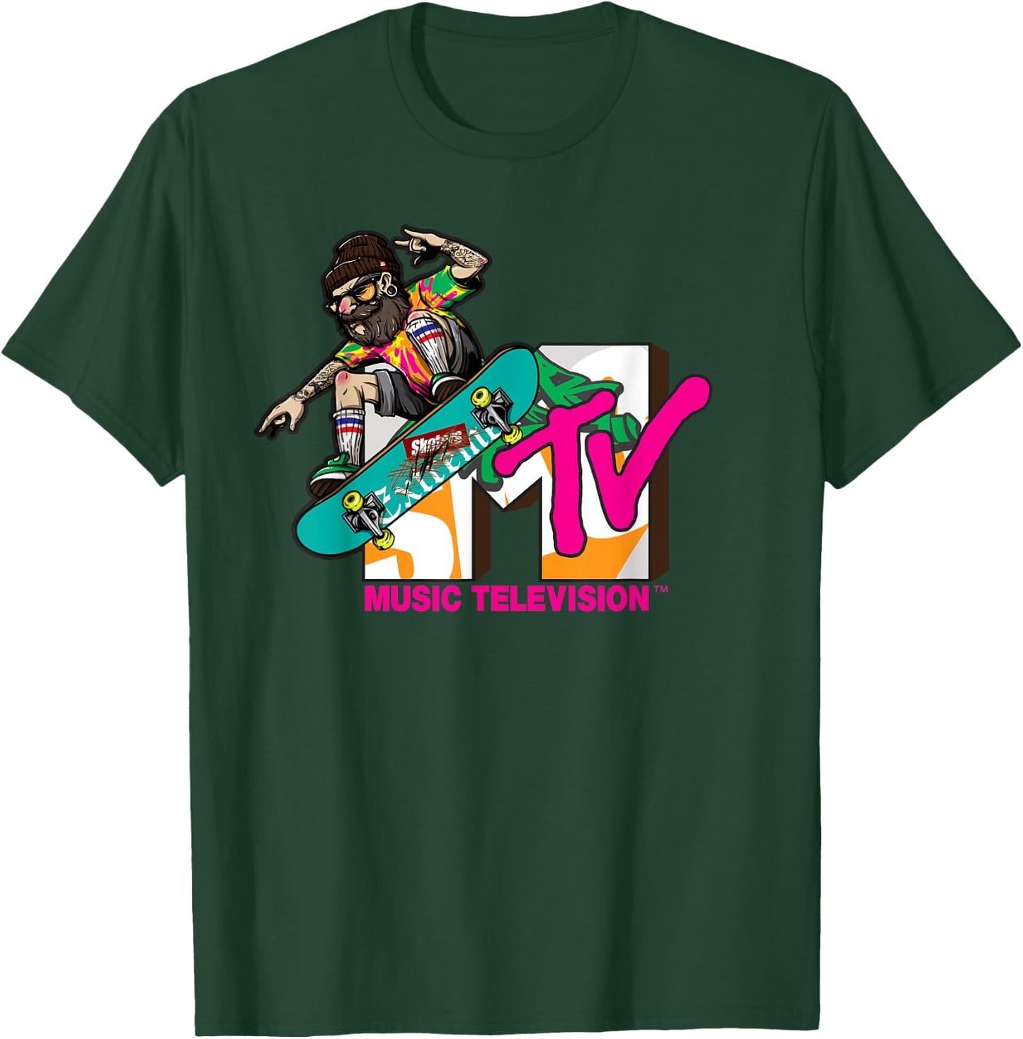 Mademark x MTV - The official MTV Logo with a hipster skater on his board T-Shirt - T-Shirt | Forest