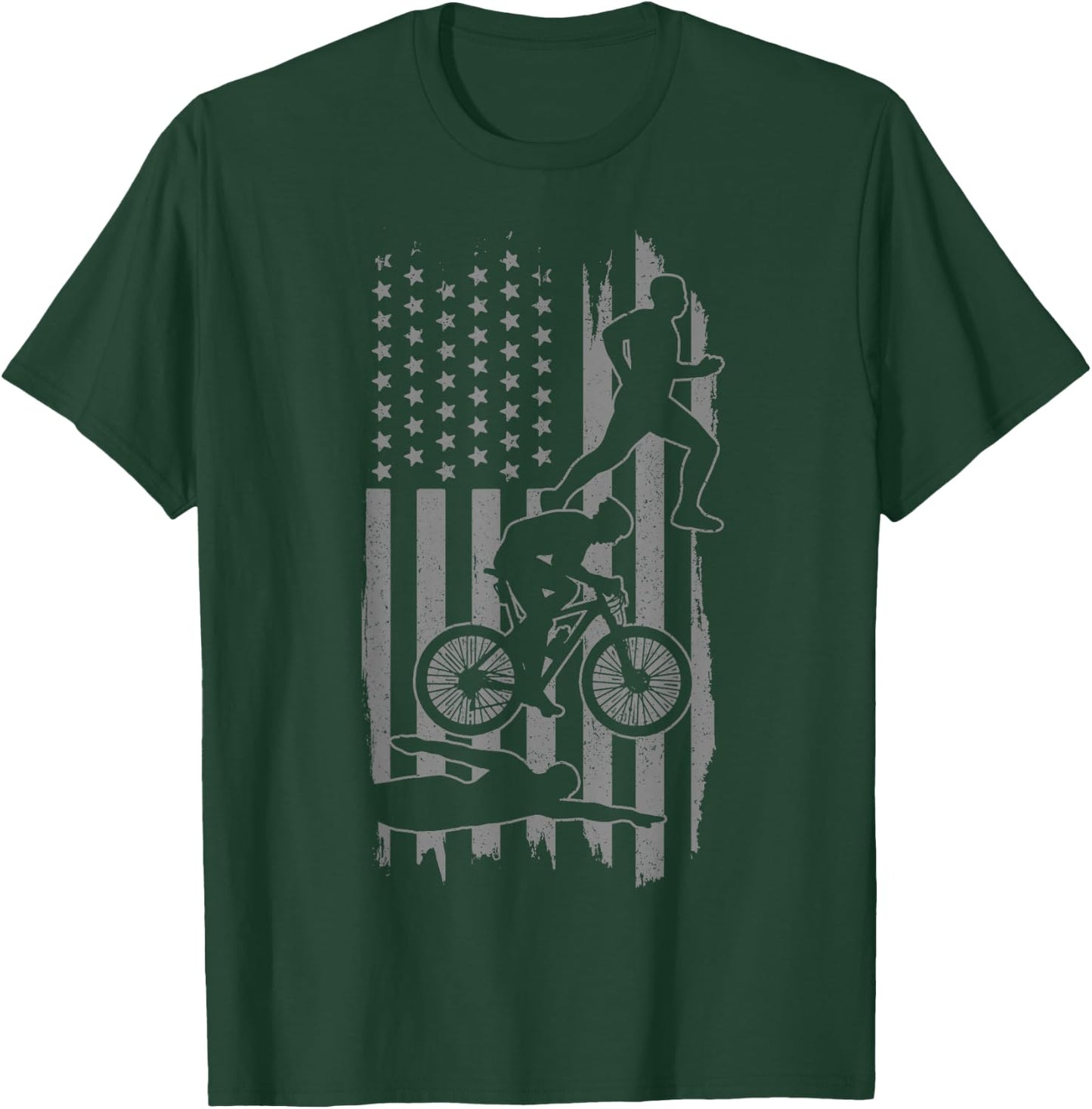 Triathlon US Flag Swim Bike Run Sport Patriotic Triathlete T-Shirt - T-Shirt | Forest