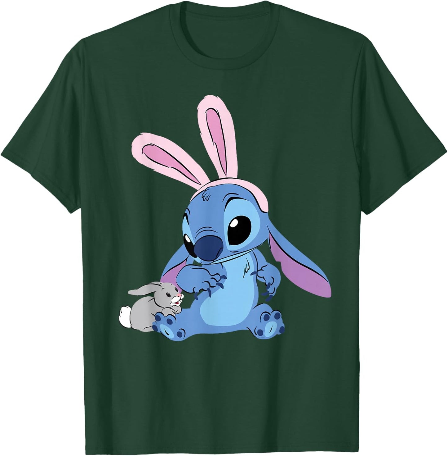 Disney Stitch in Easter Bunny Costume with Cute Fuzzy Friend T-Shirt - T-Shirt | Forest