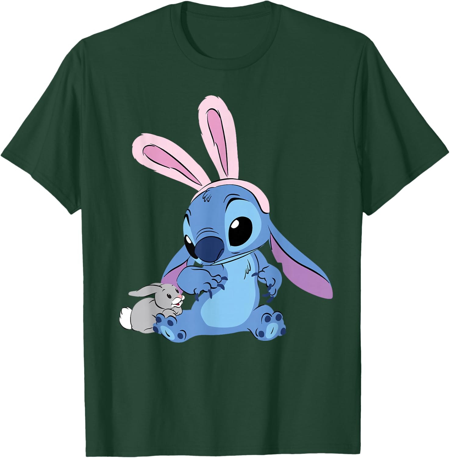 Disney Stitch in Easter Bunny Costume with Cute Fuzzy Friend T-Shirt - T-Shirt | Forest