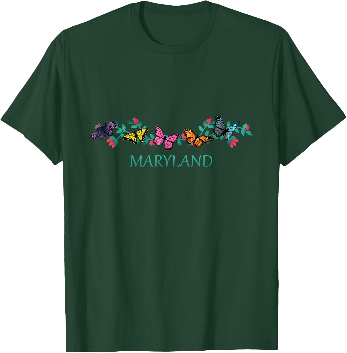 Maryland State Souvenir Butterfly Flower Graphic T-Shirt - T-Shirt | Forest