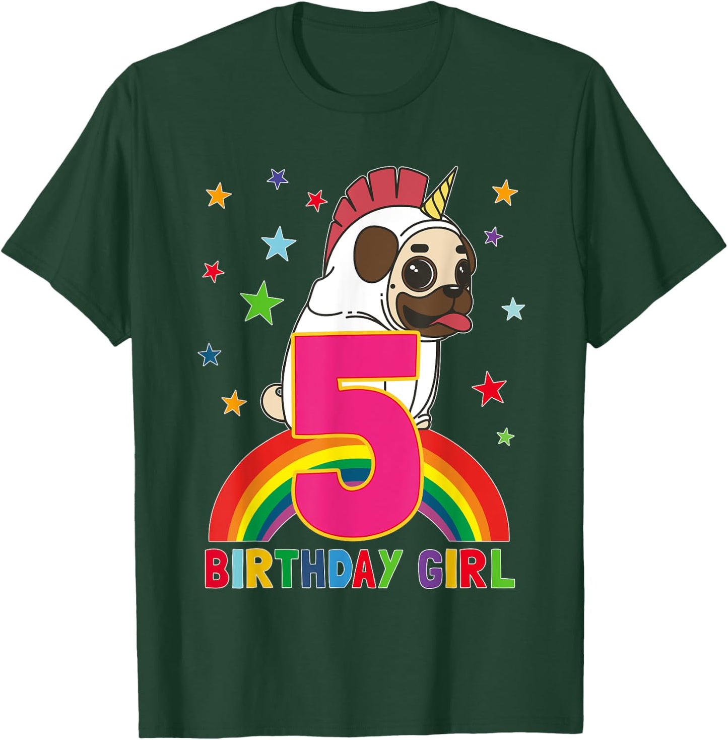 Pug Birthday Shirt 5 Year Old Girls Unicorn Pugicorn Party T-Shirt - T-Shirt | Forest
