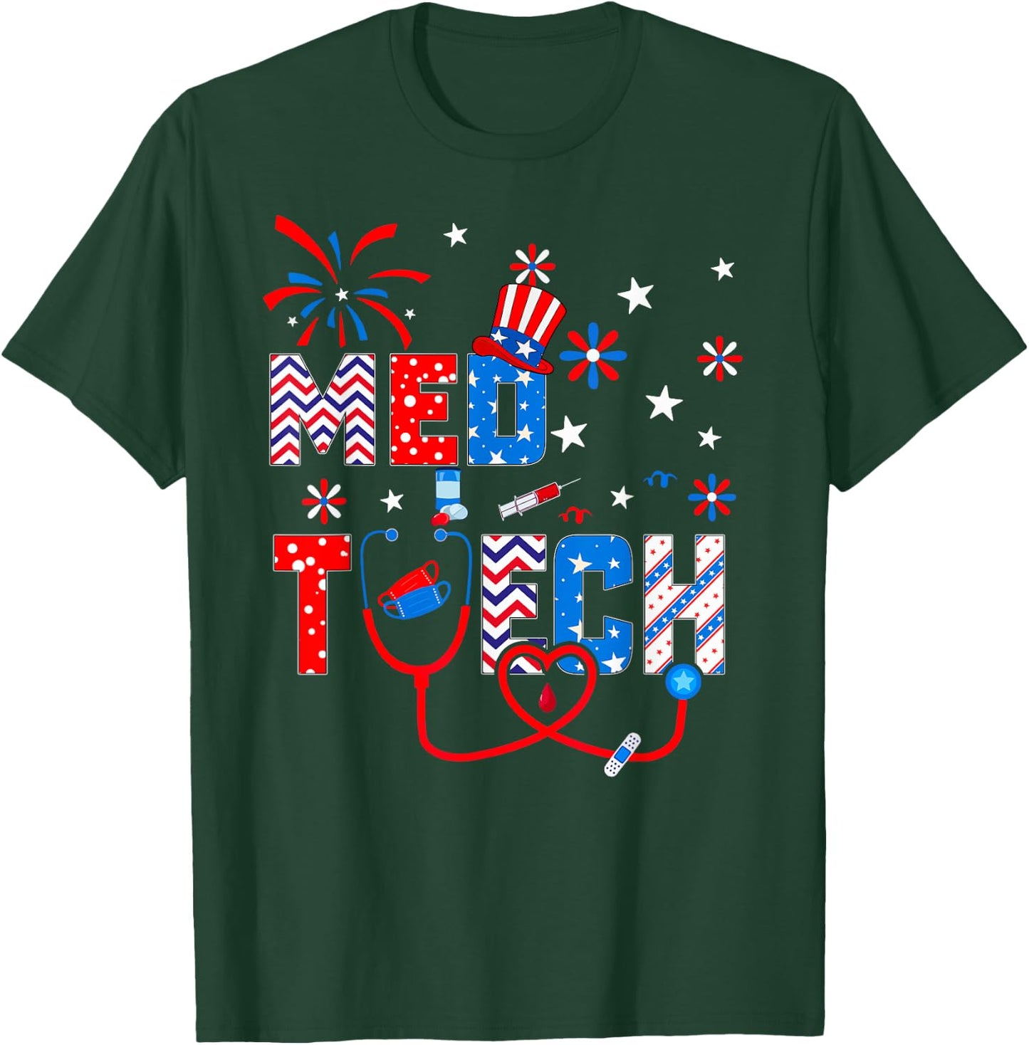 4th Of July Shirt Stethoscope Patriotic Med Tech T-Shirt - T-Shirt | Forest