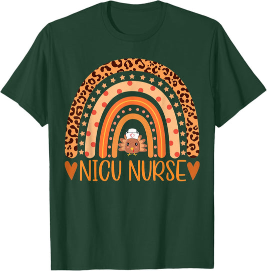 Turkey Nurse Leopard Thanksgiving NICU Nurse Rainbow Women T-Shirt - T-Shirt | Forest