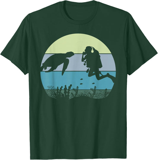Scuba Diver Diving and Sea Turtle In The Blue Pacific Ocean T-Shirt - T-Shirt | Forest