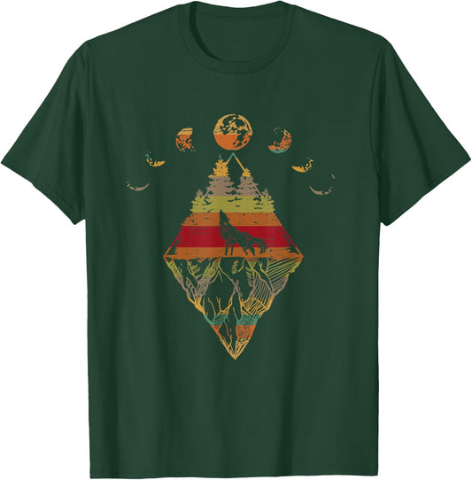 Howling Wolf Phases Of The Moon Retro T-Shirt - T-Shirt | Forest
