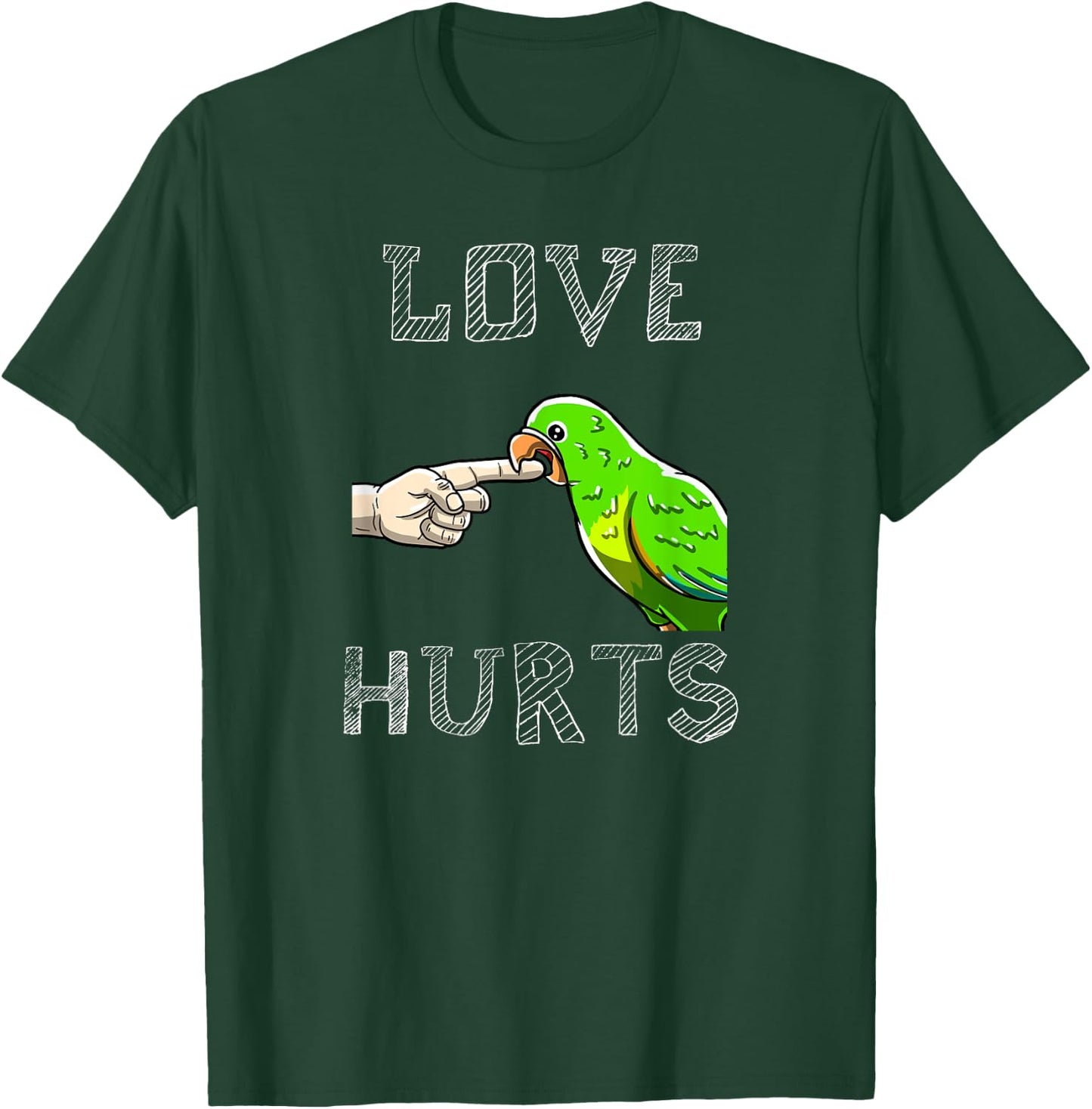BoredKoalas Bird Parrot Love Hurts Parrot Biting Finger Funny Pet Bird Lover Gift T-Shirt - T-Shirt | Forest