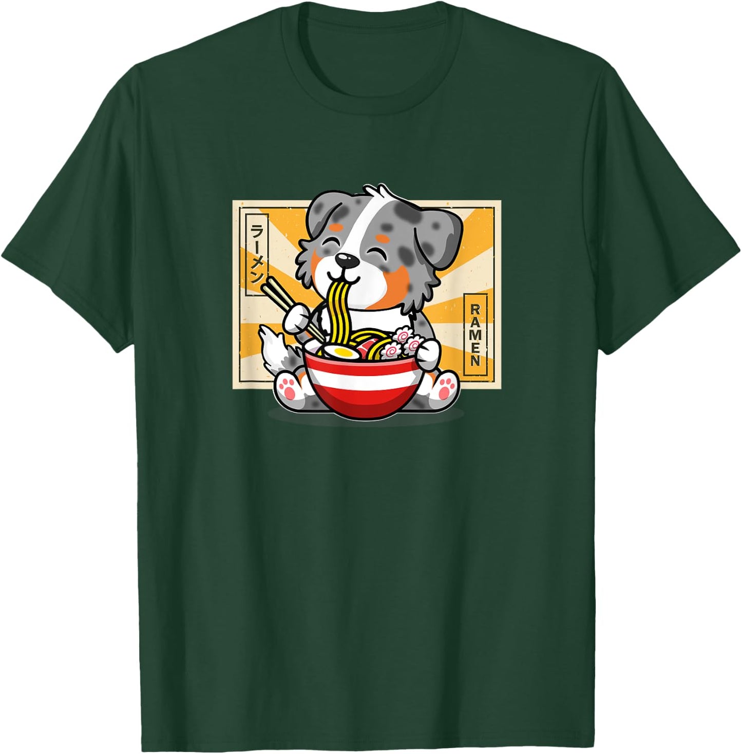 Funny Kawaii Kids Ramen Blue Merle Australian Shepherd Lover T-Shirt - T-Shirt | Forest