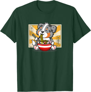 Funny Kawaii Kids Ramen Blue Merle Australian Shepherd Lover T-Shirt - T-Shirt | Forest