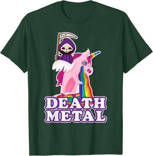Funny Death Metal Grim Reaper Riding Unicorn Rainbow T-Shirt - T-Shirt | Forest