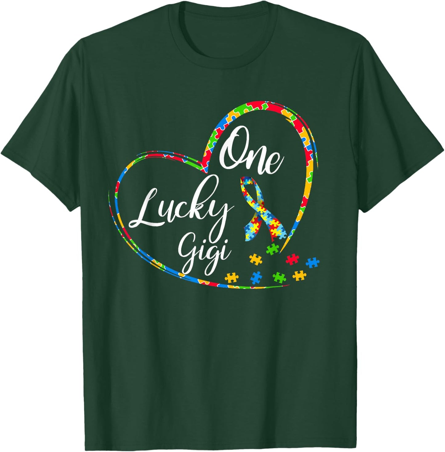 One Lucky Gigi Autism Awareness Gift Puzzle Piece heart T-Shirt - T-Shirt | Forest