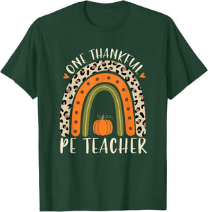One Thankful Pe Teacher Thanksgiving Women Leopard Rainbow T-Shirt - T-Shirt | Forest