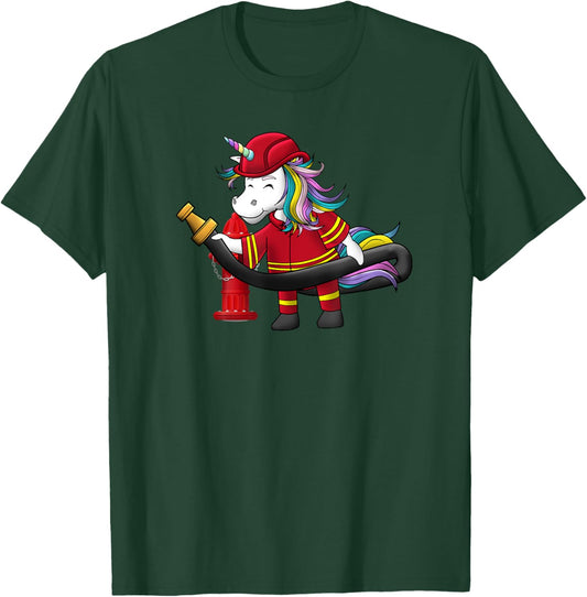 Unicorn Firefighter Fireman Birthday Party Funny Girl Love T-Shirt - T-Shirt | Forest