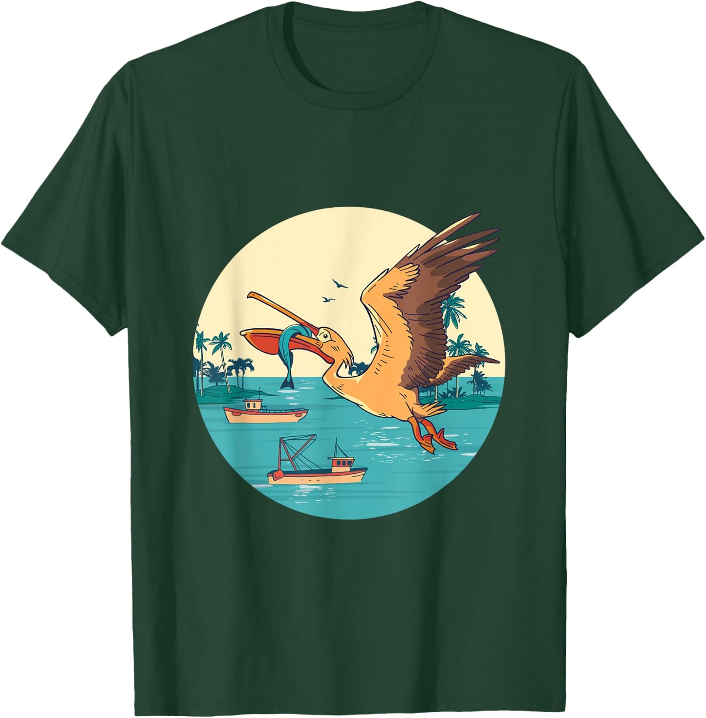 Pelican Bird Island Boat Fish Catch Tropical Bird Animal T-Shirt - T-Shirt | Forest