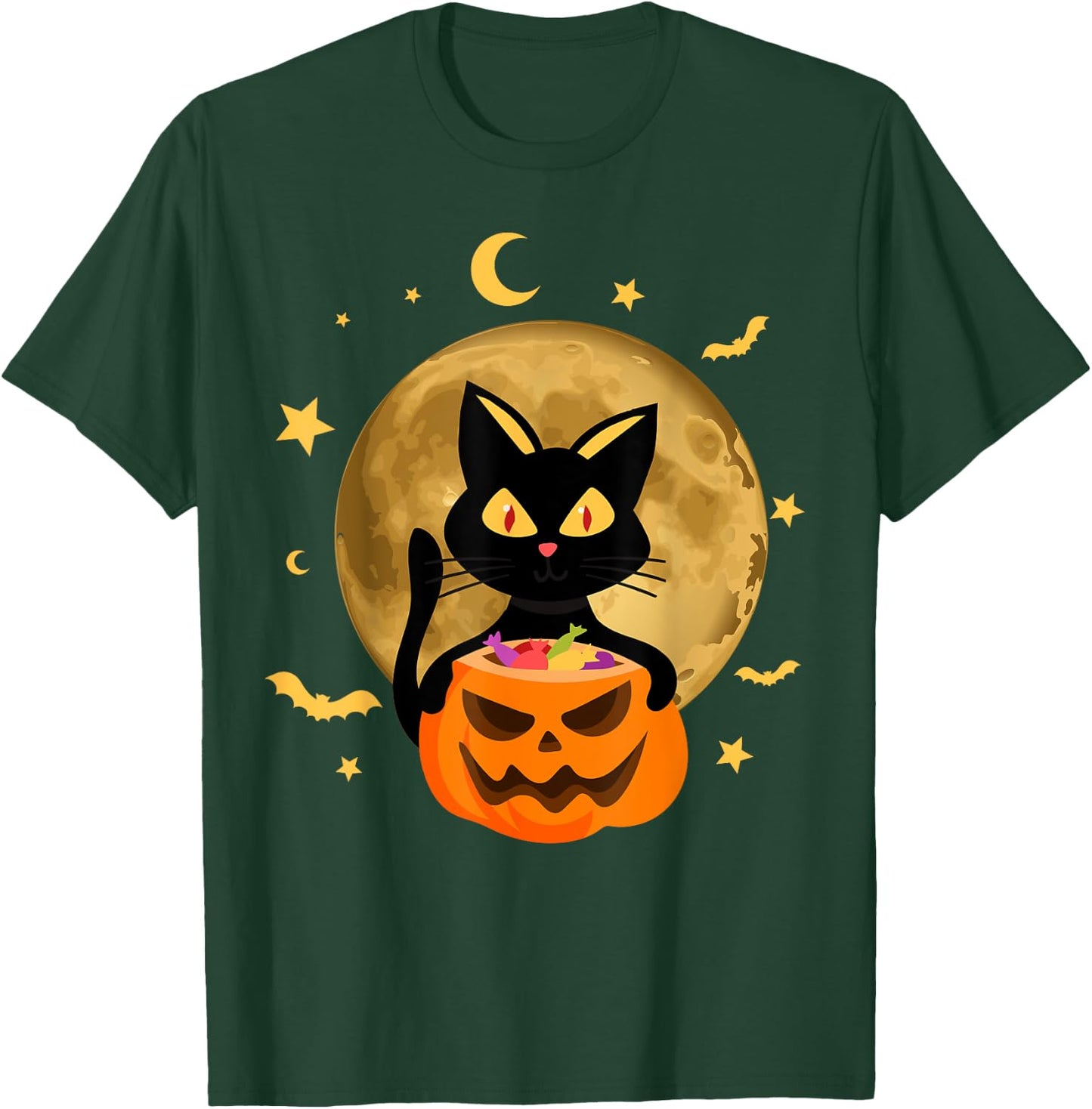 Halloween Black Cat Scary Pumpkin On the Moon Men Women Kids T-Shirt - T-Shirt | Forest
