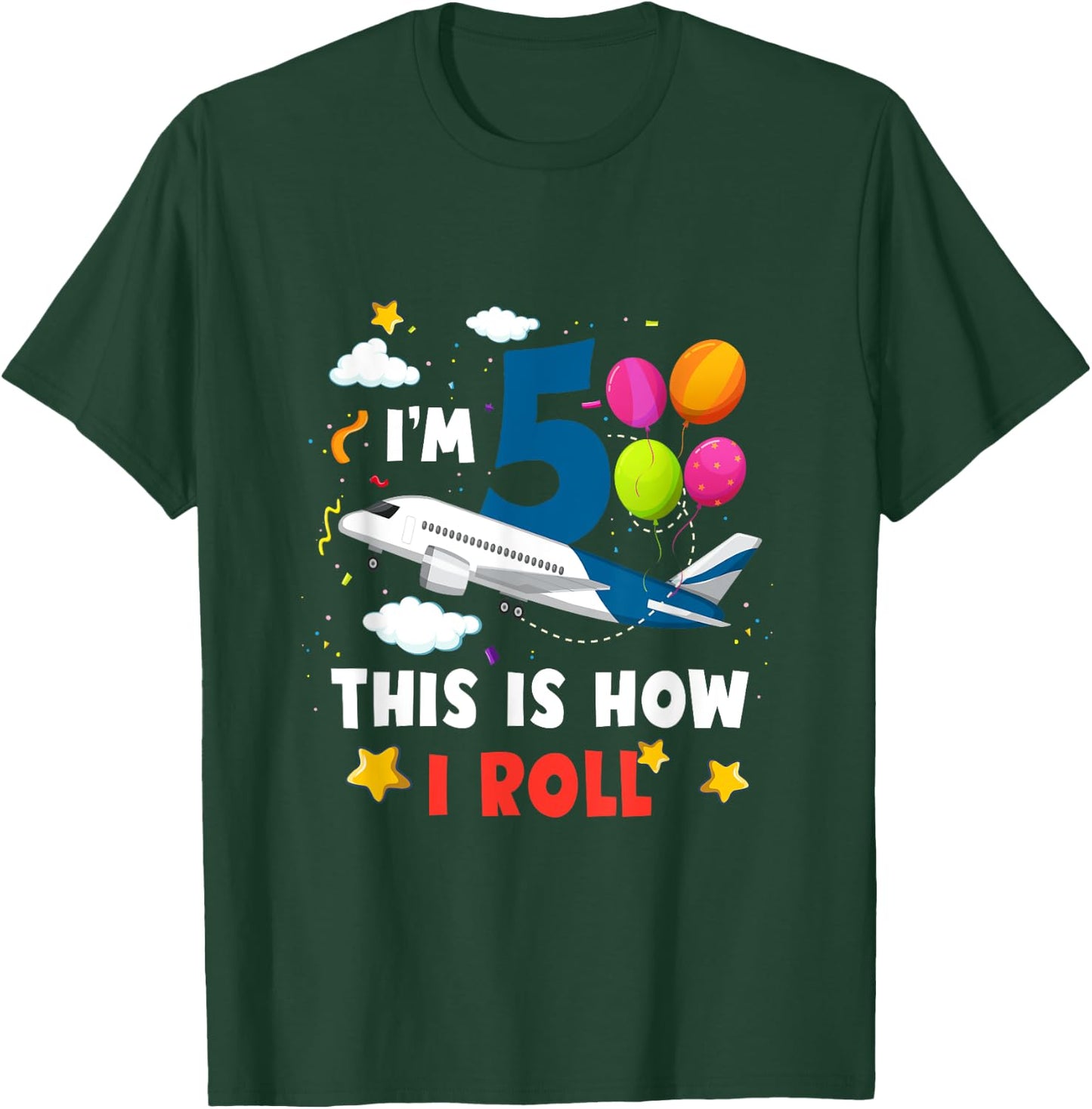 I'm 5 This 's How I Roll Airplane Pilot 5th Birthday Boys T-Shirt - T-Shirt | Forest