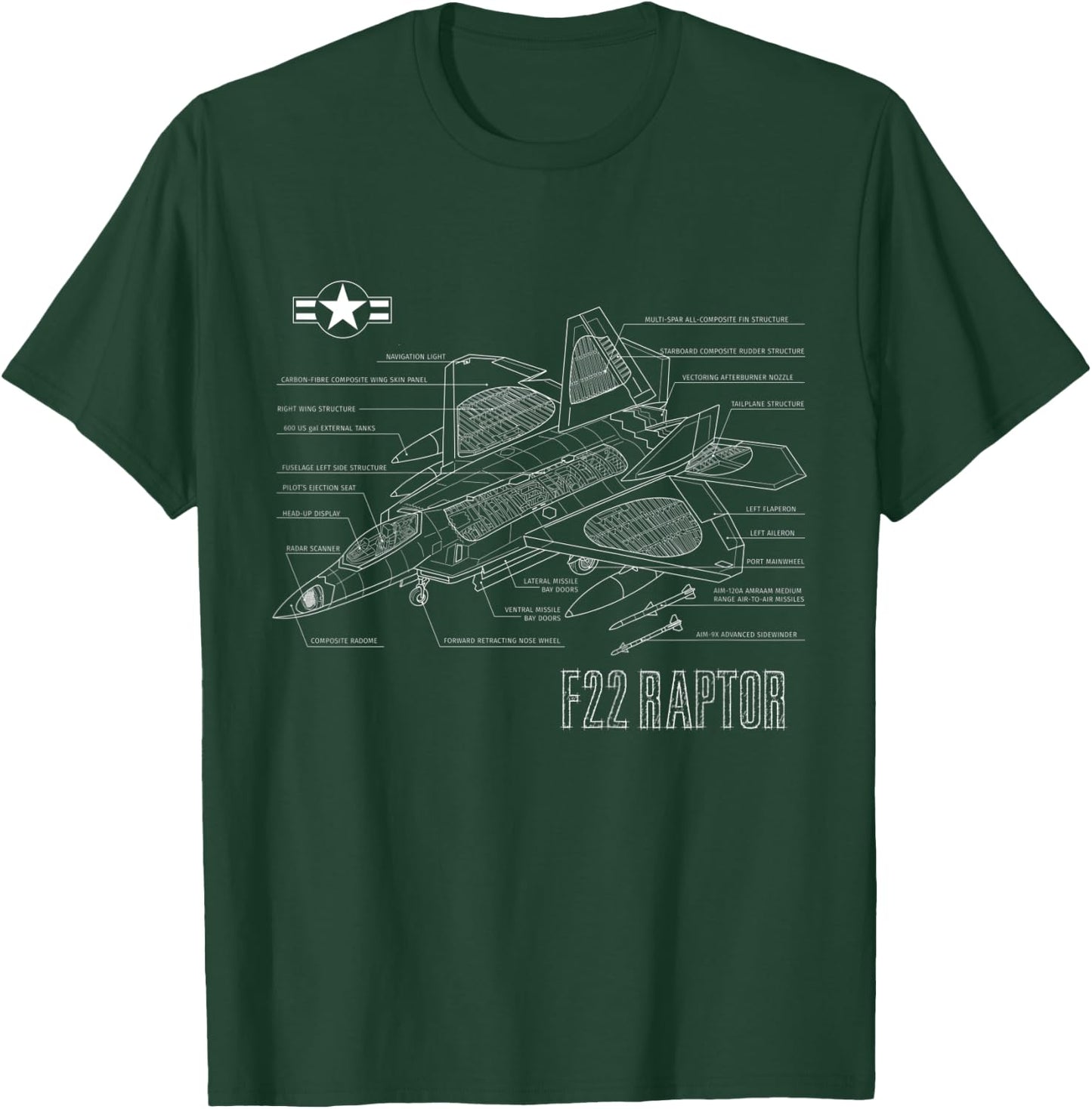 Kids American Aircraft Stealth Fighter F22 Raptor Blueprint T-Shirt - T-Shirt | Forest