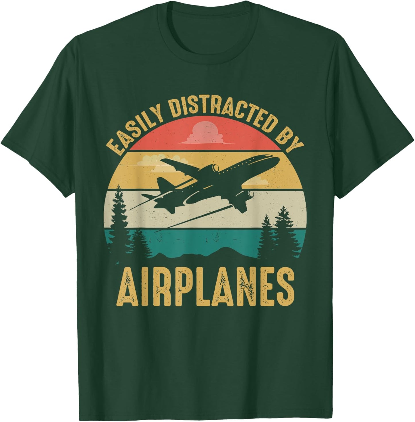 Funny Easily Distracted Designs Easily Distracted By Airplanes Pilot -Adults Kids Black Short Sleeve Modern Retro Vintage T-Shirt - T-Shirt | Forest
