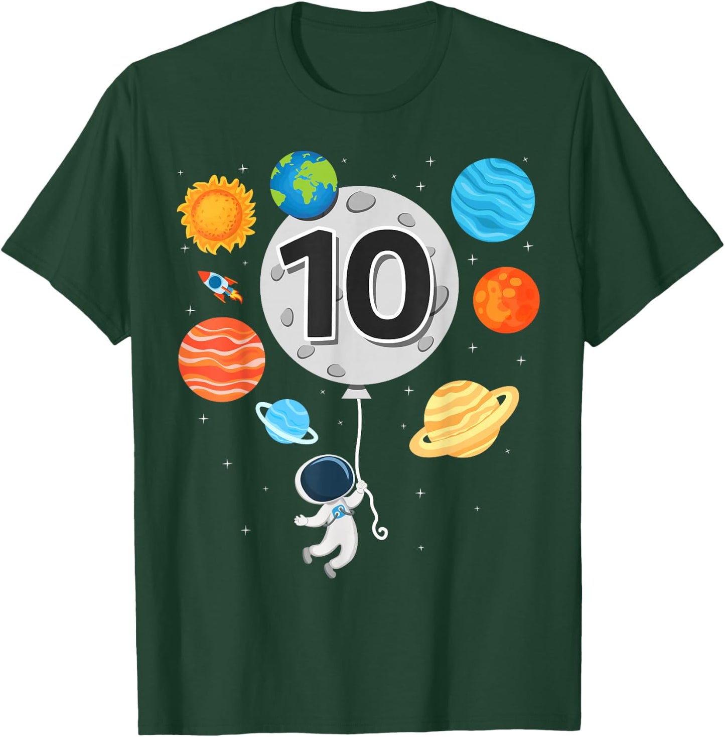 10th Birthday Astronaut Balloon Planet 10 Year Old Boy T-Shirt - T-Shirt | Forest