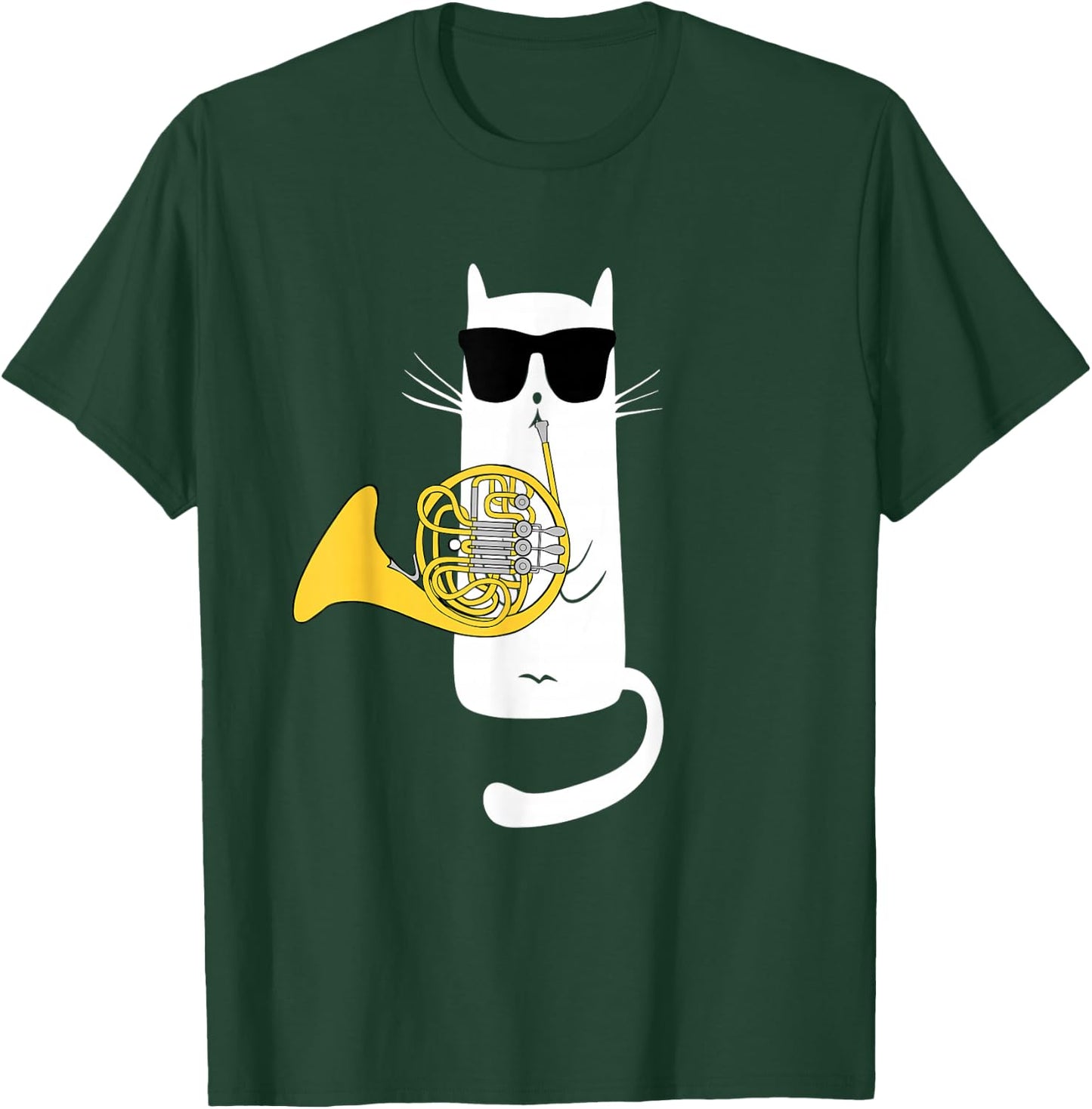 Funny Cat Wearing Sunglasses Playing French Horn T-Shirt - T-Shirt | Forest